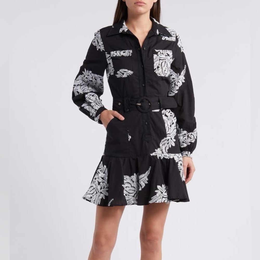 Ciebon Ina Embroidered Long Sleeve Cotton Shirtdress Black White Long Sleeve S